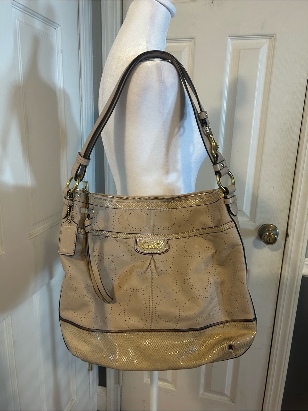 Coach Beige Perforated Signature Snakeskin Leather Shoulder Bag
